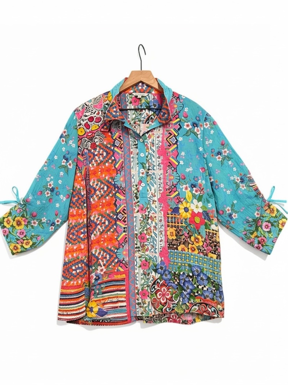 John Mark Wired Collar Button Up Tunic Top Floral Boho 3/4 Lace-Up Sleeve XL